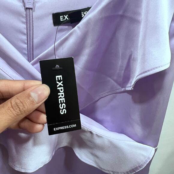 NWT Express Satin Lavender Ruffle Wrap Front Hi-Lo Maxi Dress Women's L Wedding - Picture 6 of 7